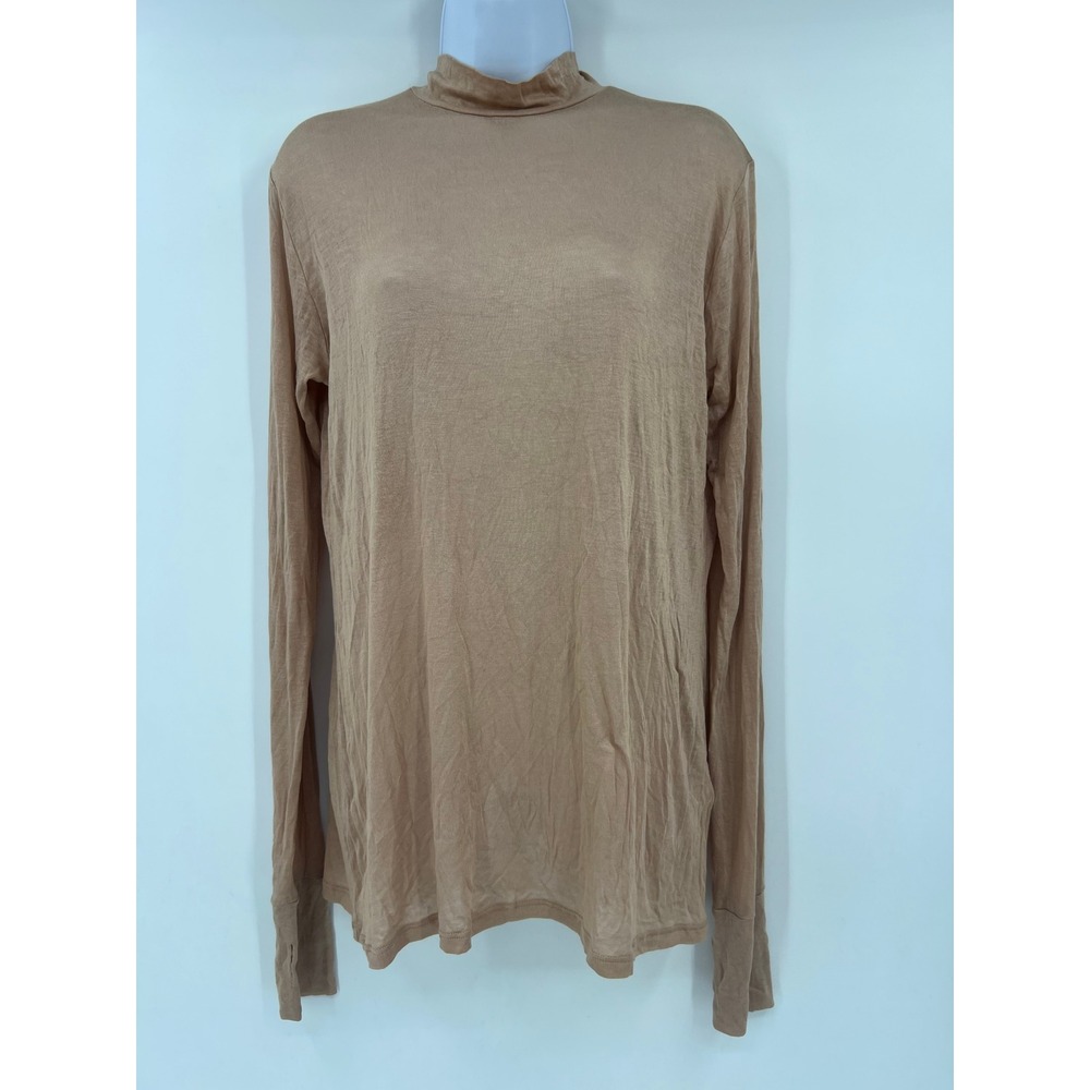 Marcella NYC Minimalist Tan Camel Mock Neck Layering Top Thumbhole Sleeves XL
